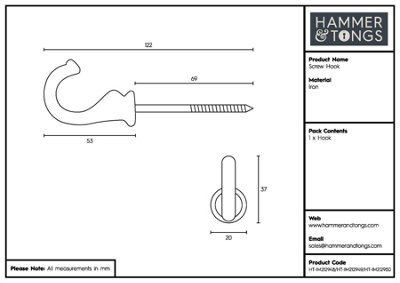 Hammer & Tongs - Screw Hook - W20mm x H35mm - Black