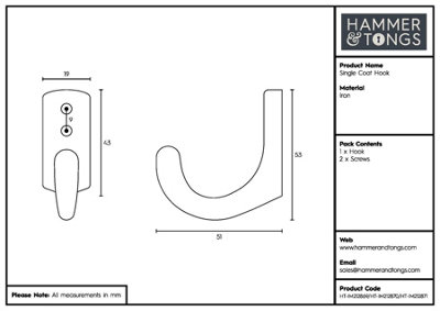 Hammer & Tongs Single Coat Hook - W20mm x H55mm - Brass
