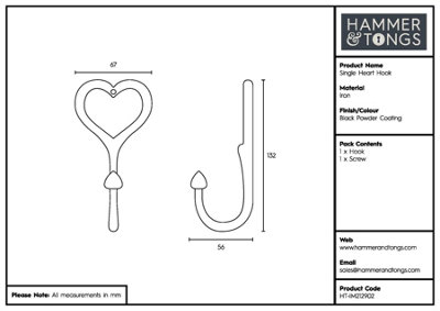 Hammer & Tongs - Single Heart Hook - W65mm x H130mm - Black