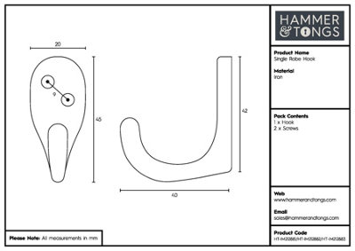 Hammer & Tongs - Single Robe Hook - W20mm x H45mm - Black