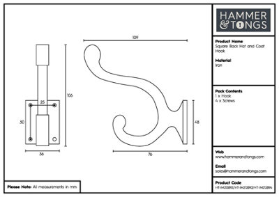 Hammer & Tongs Square Back Hat & Coat Hook - W35mm x H105mm - Raw