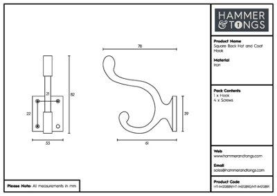 Hammer & Tongs Square Back Hat & Coat Hook - W35mm x H80mm - Black