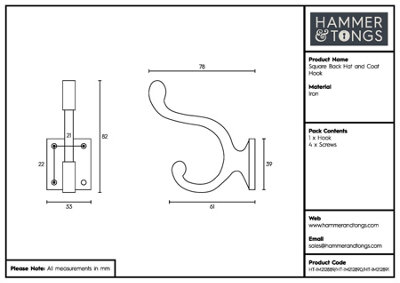 Hammer & Tongs - Square Back Hat & Coat Hook - W35mm x H80mm - Black