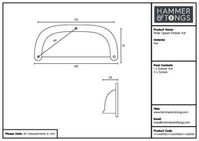 Hammer & Tongs Wide Lipped Cabinet Drawer Pull - W130mm x H50mm - Raw - Pack of 2