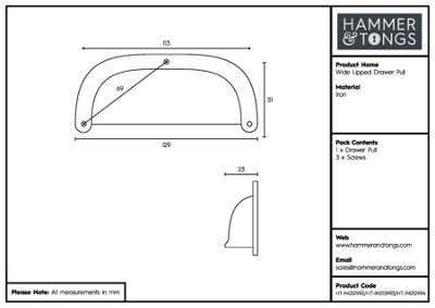 Hammer & Tongs Wide Lipped Cabinet Drawer Pull - W130mm x H50mm - Raw