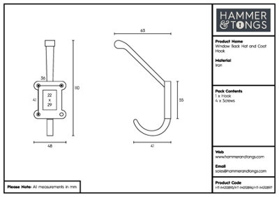 Hammer & Tongs Window Back Hat & Coat Hook - W50mm x H110mm - Raw