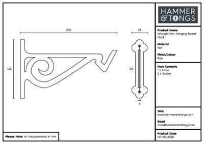 Hammer & Tongs Wrought Iron Hanging Basket Hook - H145mm - Raw