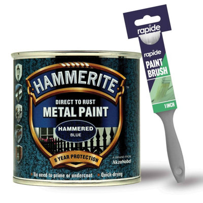 Hammerite Hammered Blue Metal Paint 250ml with 1" Paint Brush