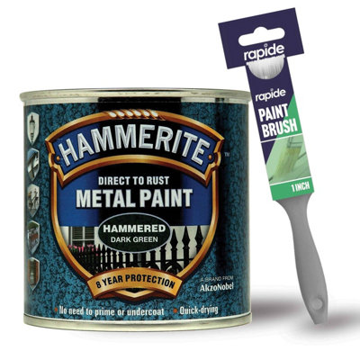 Hammerite Hammered Dark Green Metal Paint 250ml with 1" Paint Brush