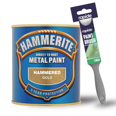 Hammerite Hammered Gold Metal Paint 250ml with 1" Paint Brush