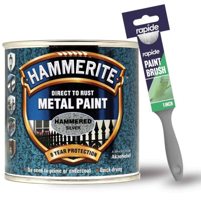 Hammerite Hammered Silver Metal Paint 250ml with 1" Paint Brush