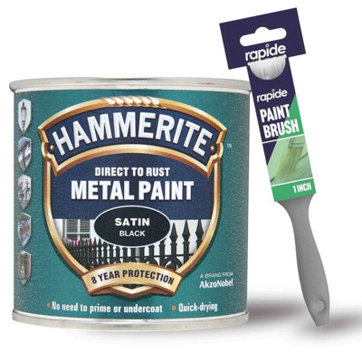 Hammerite Satin Black Metal Paint 250ml + 1" Paint Brush