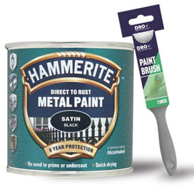 Hammerite Satin Black Metal Paint 250ml + 1" Paint Brush