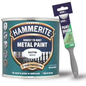 Hammerite Satin White Metal Paint 250ml + 1" Paint Brush