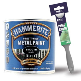 Hammerite Smooth Black Metal Paint 250ml + 1" Paint Brush