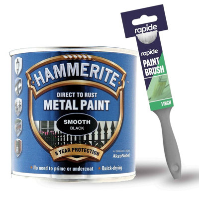 Hammerite Smooth Black Metal Paint 250ml with 1" Paint Brush