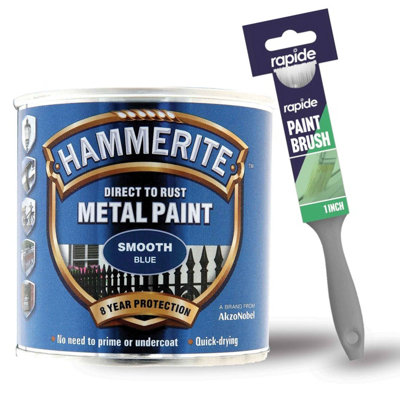 Hammerite Smooth Blue Metal Paint 250ml with 1" Paint Brush