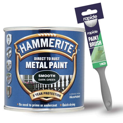 Hammerite Smooth Dark Green Metal Paint 250ml with 1" Paint Brush