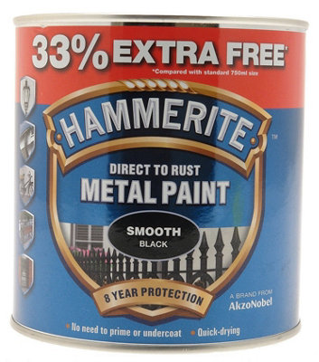 Hammerite - Smooth Direct To Rust Metal Paint - 750ML + 33% Extra Free - Black