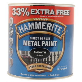 Hammerite Smooth Direct To Rust Metal Paint 750ML + 33% Extra Free Black