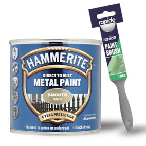 Hammerite Smooth Gold Direct To Rust Metal Paint 250ml + 1" Paint Brush
