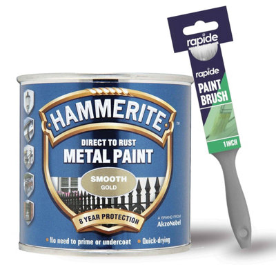 Hammerite Smooth Gold Metal Paint 250ml with 1" Paint Brush