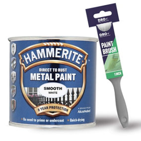 Hammerite Smooth White Direct To Rust Metal Paint 250ml + 1" Paint Brush