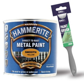 Hammerite Smooth Yellow Metal Paint 250ml + 1" Paint Brush