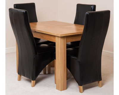 Hampton 120cm - 160cm Oak Extending Dining Table and 4 Chairs Dining Set with Lola Black Leather Chairs