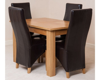 Hampton 120cm - 160cm Oak Extending Dining Table and 4 Chairs Dining Set with Lola Brown Leather Chairs