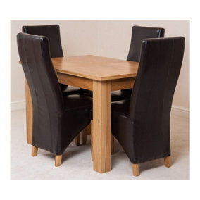 Hampton 120cm - 160cm Oak Extending Dining Table and 4 Chairs Dining Set with Lola Brown Leather Chairs
