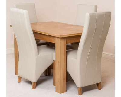 Hampton 120cm - 160cm Oak Extending Dining Table and 4 Chairs Dining Set with Lola Ivory Leather Chairs