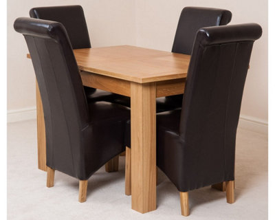 Hampton 120cm - 160cm Oak Extending Dining Table and 4 Chairs Dining Set with Montana Brown Leather Chairs
