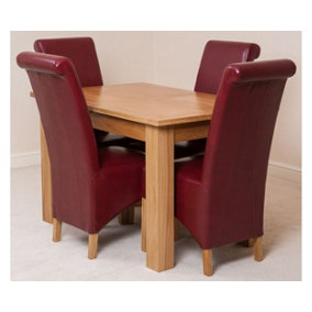 Hampton 120cm - 160cm Oak Extending Dining Table and 4 Chairs Dining Set with Montana Burgundy Leather Chairs