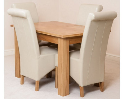 Hampton 120cm - 160cm Oak Extending Dining Table and 4 Chairs Dining Set with Montana Ivory Leather Chairs