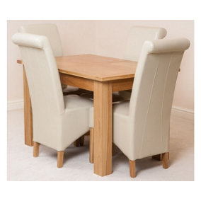 Hampton 120cm - 160cm Oak Extending Dining Table and 4 Chairs Dining Set with Montana Ivory Leather Chairs