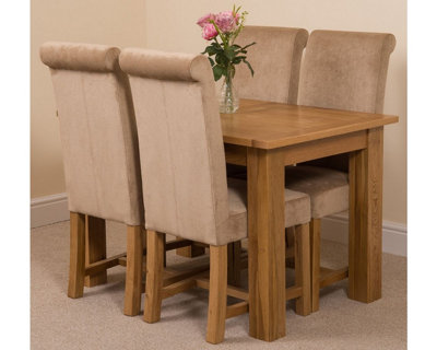 Hampton 120cm - 160cm Oak Extending Dining Table and 4 Chairs Dining Set with Washington Beige Fabric Chairs