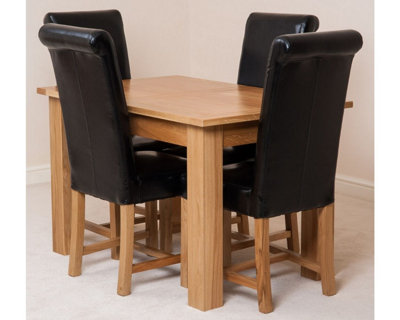 Hampton 120cm - 160cm Oak Extending Dining Table and 4 Chairs Dining Set with Washington Black Leather Chairs