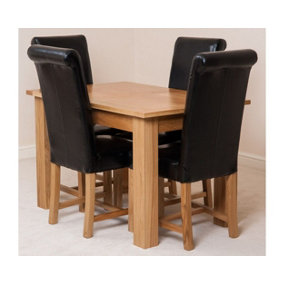 Hampton 120cm - 160cm Oak Extending Dining Table and 4 Chairs Dining Set with Washington Black Leather Chairs