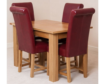 Hampton 120cm - 160cm Oak Extending Dining Table and 4 Chairs Dining Set with Washington Burgundy Leather Chairs