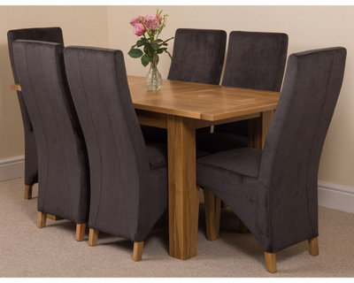 Hampton 120cm - 160cm Oak Extending Dining Table and 6 Chairs Dining Set with Lola Black Fabric Chairs