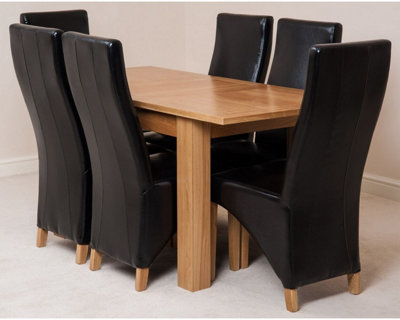 Hampton 120cm - 160cm Oak Extending Dining Table and 6 Chairs Dining Set with Lola Black Leather Chairs