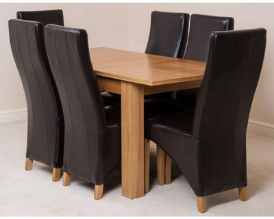 Hampton 120cm - 160cm Oak Extending Dining Table and 6 Chairs Dining Set with Lola Brown Leather Chairs
