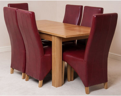 Hampton 120cm - 160cm Oak Extending Dining Table and 6 Chairs Dining Set with Lola Burgundy Leather Chairs