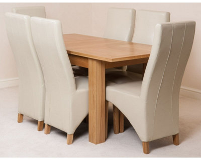 Hampton 120cm - 160cm Oak Extending Dining Table and 6 Chairs Dining Set with Lola Ivory Leather Chairs
