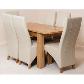 Hampton 120cm - 160cm Oak Extending Dining Table and 6 Chairs Dining Set with Lola Ivory Leather Chairs