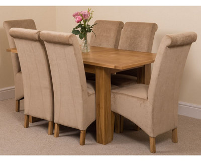Hampton 120cm - 160cm Oak Extending Dining Table and 6 Chairs Dining Set with Montana Beige Fabric Chairs