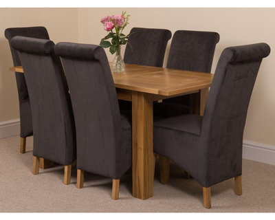 Hampton 120cm - 160cm Oak Extending Dining Table and 6 Chairs Dining Set with Montana Black Fabric Chairs