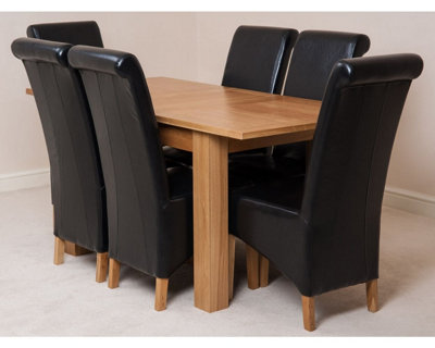 Hampton 120cm - 160cm Oak Extending Dining Table and 6 Chairs Dining Set with Montana Black Leather Chairs