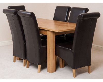 Hampton 120cm - 160cm Oak Extending Dining Table and 6 Chairs Dining Set with Montana Brown Leather Chairs